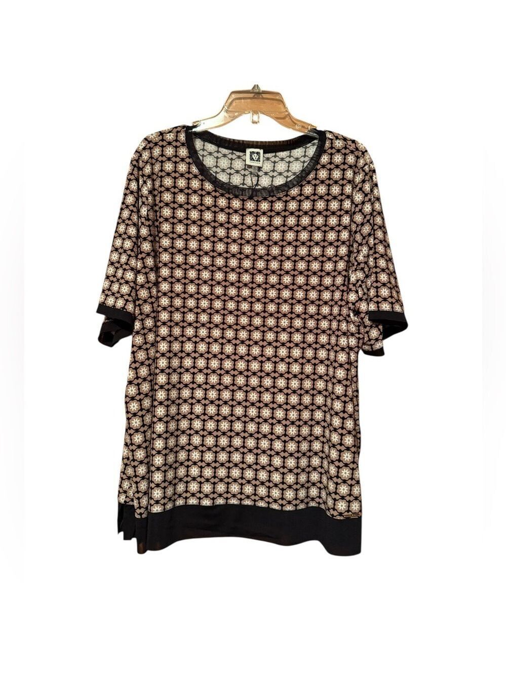 Anne Klein Black Cream Patterned Short Sleeve Top